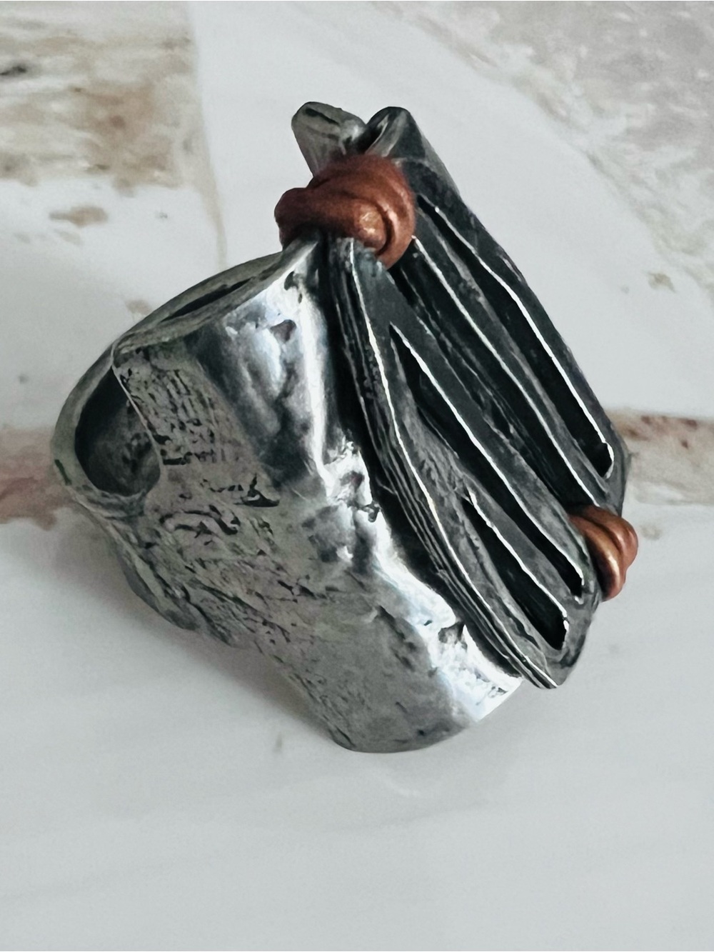 NWOT Textured Silver and Leather Statement Ring